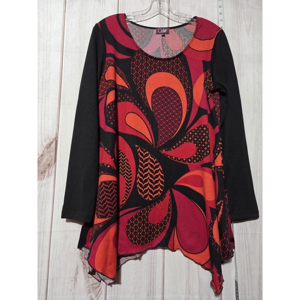 Coline Women Red Orange Abstract Paisley Sharkbite Hem Long Sleeve Tunic Top L